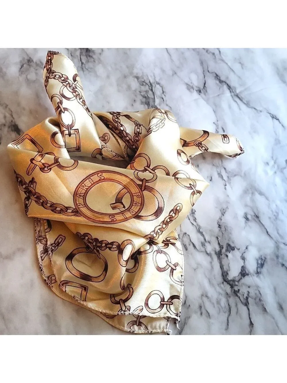 Vintage Style Chain Print Square Scarf Beige and Brown Elegant Satin Neckerchief